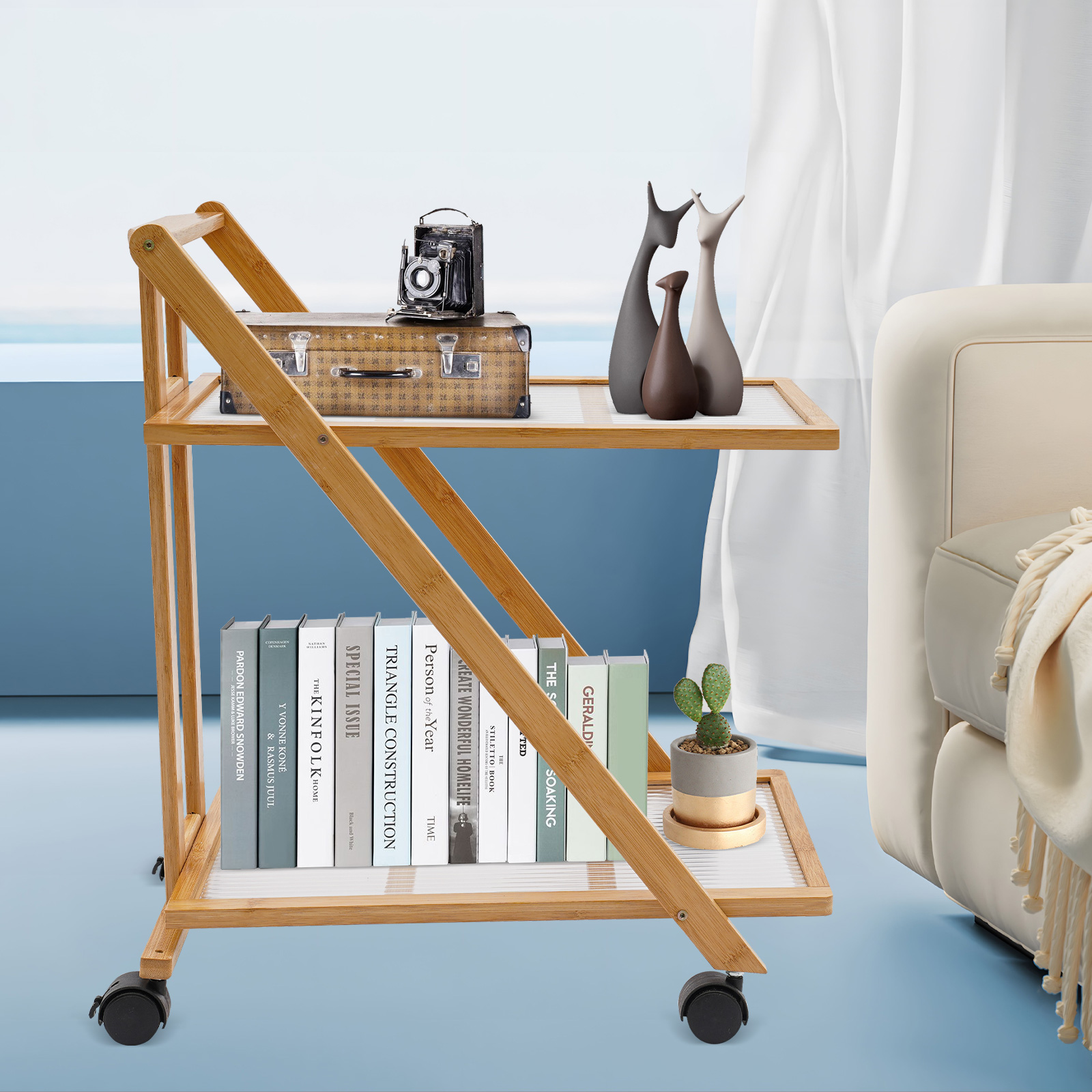 2 Tier Rolling Cart Bamboo Fol - đánh giá và giá Book Cart Rolling